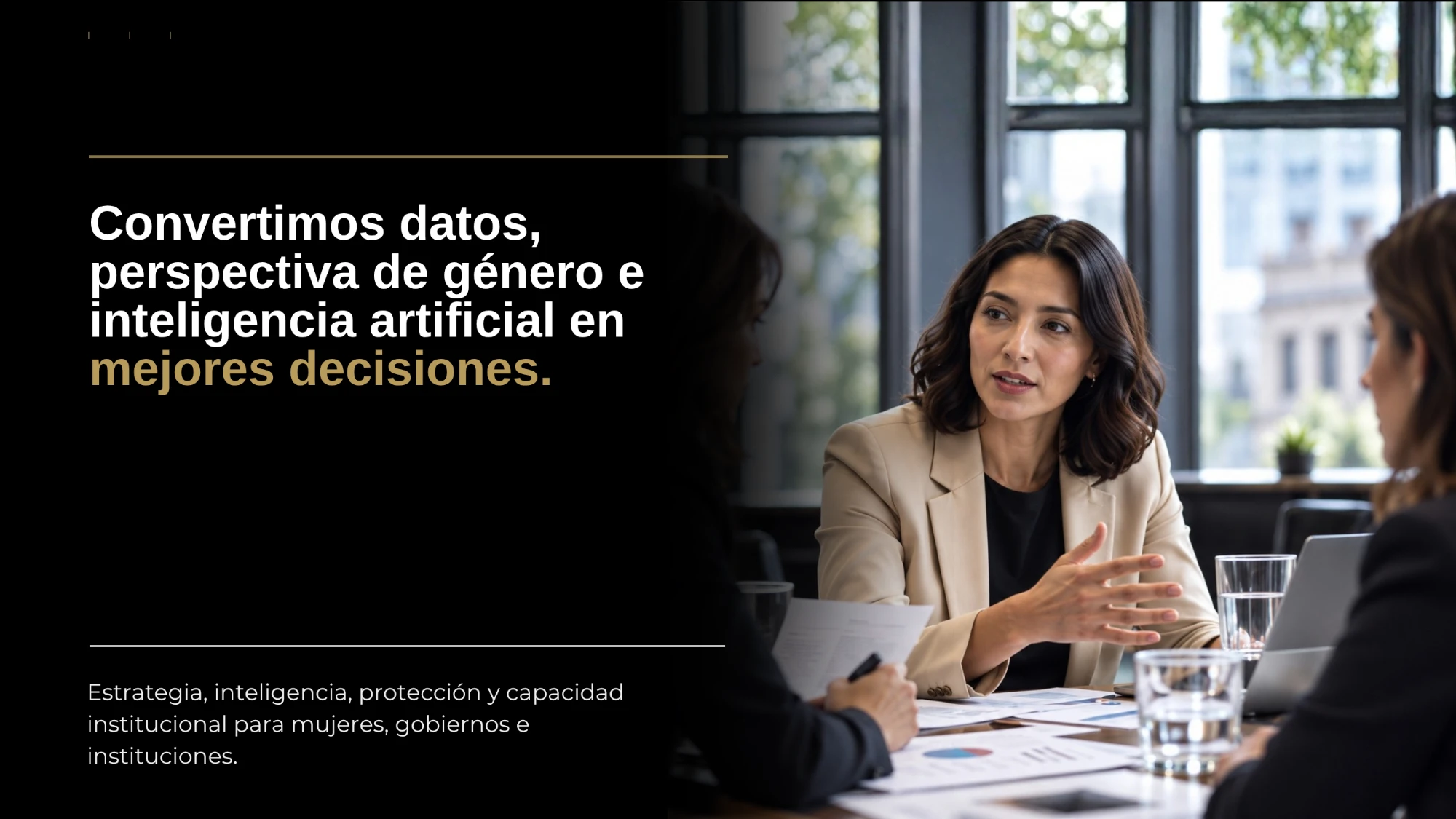 Convertimos datos, perspectiva de género e inteligencia artificial en mejores decisiones. Estrategia, inteligencia, protección y capacidad institucional para mujeres, gobiernos e instituciones.